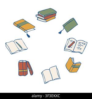 Hand drawn colorful books round frame vector doodle illustration Stock Vector