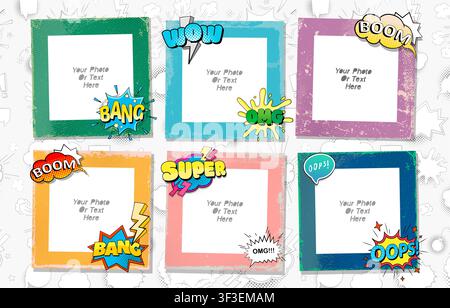 Cartoon kid art styles vector photo frame for collage. Design for scrapbook in retro pop style. Border set picture collection. Decorative cute image. Stock Vector