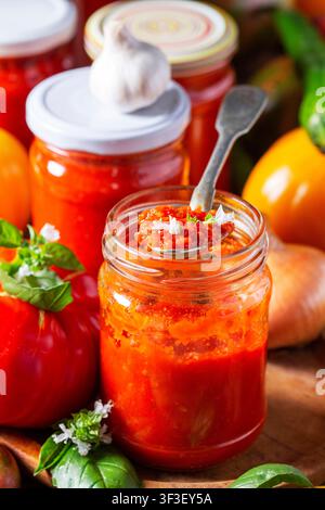 Hot tomato sauce, adjika, salsa, passata or marinara. Stock Photo