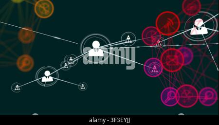 Central avatar sending signal toward red cluster, activating avatars for business, pulsing lines Stock Photo