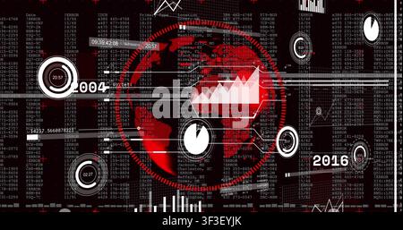 Play icon starting globe rotating, dashed ring pulsing, HUD charts updating, showing analytics Stock Photo