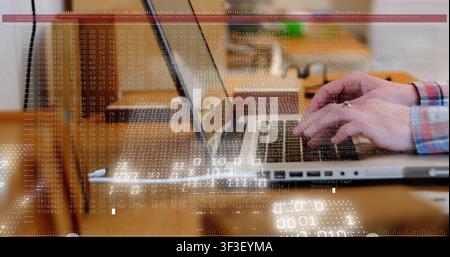 Hands typing on laptop at bar, reaching box, activating data overlay reflecting on laptop for tech Stock Photo