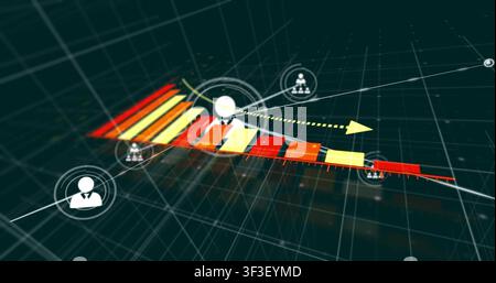 Rising bars moving right, central avatar being framed, lines linking showing network growth Stock Photo