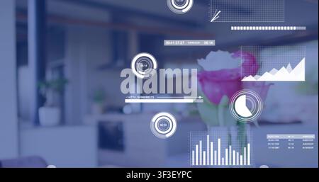 Vase holding 3 pink roses on countertop, HUD appearing from right and overlaying tech metrics Stock Photo