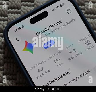 Close-up of the Google Gemini AI assistant on a smartphone, highlighting hallucinations, believable errors and personal data concerns Stock Photo