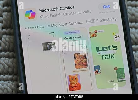 Microsoft Copilot listing in the Apple App Store, highlighting concerns about AI health misinformation, dependency and false reassurance. Stock Photo
