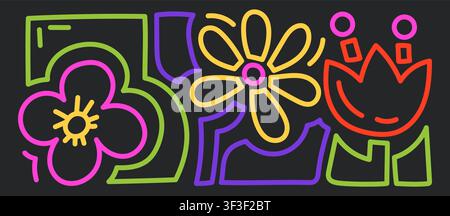 Neon Flower Doodle Outline Set Stock Vector