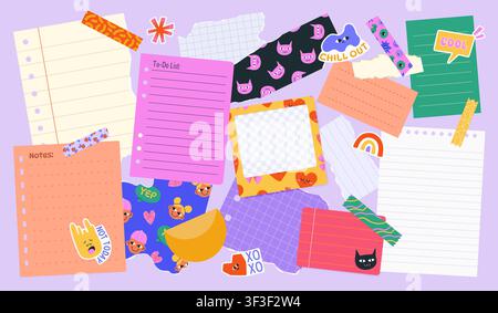 Set of Various Torn Paper Notes, Stickers, Tapes. Stock Vector