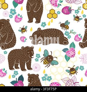 Bear, honey, and raspberries seamless pattern. Hand drawn. Not AI, vector illustration. Stock Vector