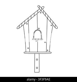 Wooden birdhouse on a post linear vector illustration, cute hand drawn nesting box with striped roof for spring garden design and coloring pages, simple black and white outline doodle isolated element Stock Vector