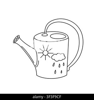 Watering can decorated with sun, clouds and rain drops image, cute gardening equipment simple linear hand drawn doodle illustration for coloring page Stock Vector