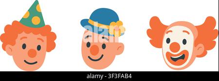 Three cartoon clown faces with colorful wigs and funny hats. Flat vector illustration of humorous performer heads with smiles and makeup Stock Vector
