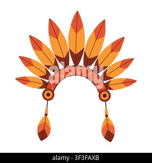 Native American feather warbonnet headdress vector illustration. Traditional indigenous chief feather crown isolated on white background. Ethnic tribal element for Thanksgiving Day holiday design. Stock Vector