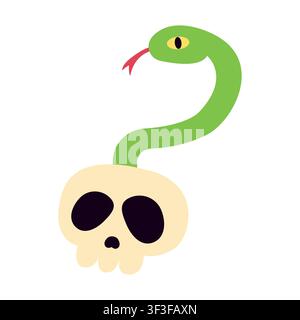 Cute Halloween snake in skull vector illustration. Cartoon green serpent emerging from bone head skeleton isolated on white background. Hand drawn spooky magic gothic element, stickers Stock Vector