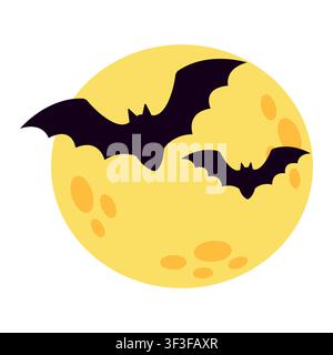 Halloween bats flying in front of full moon vector illustration. Cartoon spooky yellow moon with dark silhouettes of bats isolated on white background. Hand drawn night sky holiday element, stickers Stock Vector