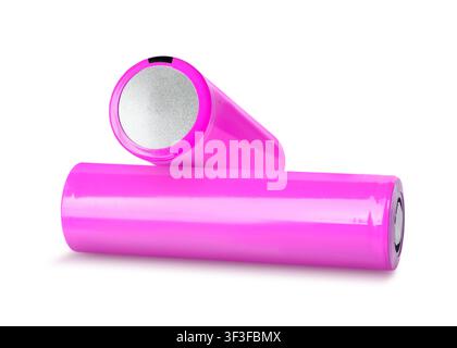Alkaline batteries in magenta color isolated on white Stock Photo