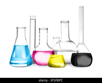 CMYK colors. Laboratory glassware with samples on white background Stock Photo