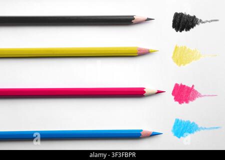 Pencils in CMYK colors isolated on white, top view Stock Photo