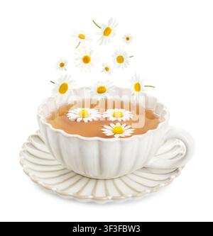 Herbal tea. Chamomile flowers falling into cup with hot beverage on white background Stock Photo