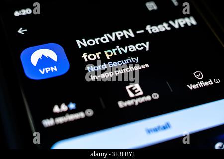 NordVPN Fast VPN for Privacy App by Nord Security Displayed on Smartphone Screen in Google Play Store Listing Stock Photo