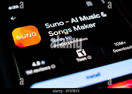 Suno AI Music and Songs Maker App by Suno Inc Displayed on Smartphone Screen in Google Play Store Listing Stock Photo