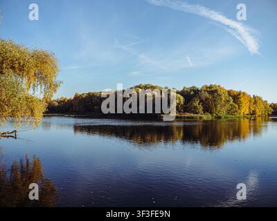 Autumn lake landscape with golden trees reflecting in calm water beneath a willow tree and blue sky Stock Photo