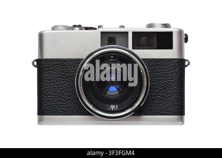 Front view of vintage silver and black rangefinder film camera with prominent lens and blue coating isolated on white background Stock Photo
