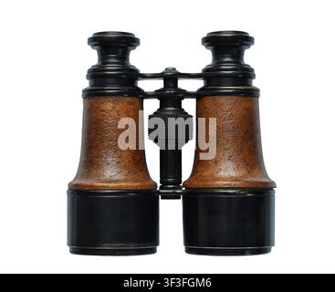 Front view of vintage field binocular with brown leather barrel and black metal focus wheel isolated on white background Stock Photo