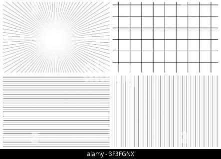 Set of four seamless black and white geometric line patterns including sunburst and grid Stock Photo