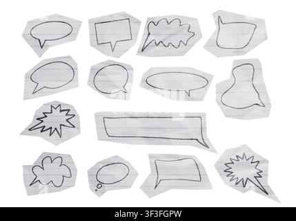 Collection of cut out lined notebook paper speech bubbles on white background Stock Photo