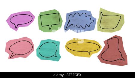 Assortment of colorful cut out paper speech bubbles isolated on white background Stock Photo