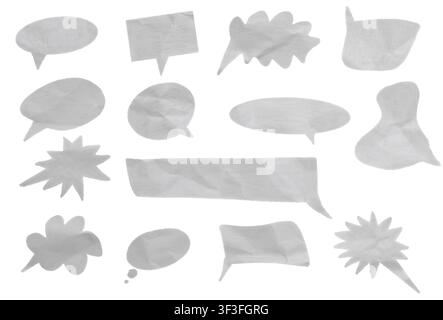 Set of blank crumpled white paper speech bubbles and banners isolated on white background Stock Photo