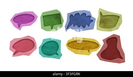 Set of vibrant colorful paper cutout speech bubbles and communication elements on white Stock Photo