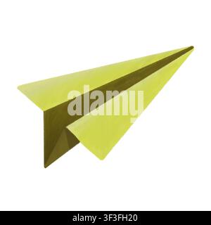 Lime green folded paper airplane showing geometric folds on white background Stock Photo