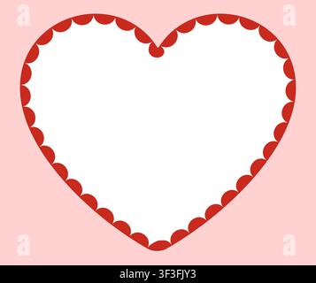 Red scalloped lace heart border frames empty white center on soft pink background as romantic decorative trim template for valentine cards, wedding invitations or sweet stationery layouts. Stock Vector