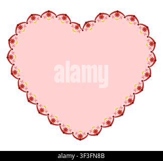 Red folk floral lace heart with pink center plus tiny yellow flower embroidery scallops forms romantic vintage ornament. isolated on white for valentine wedding cards or cottagecore invitation labels. Stock Vector