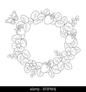 Black and white line-art wreath with wild strawberries, leaves, blossoms, and butterfly on white background. Vector illustration for coloring pages, cards, jam packaging, kitchen textiles, and menu Stock Vector