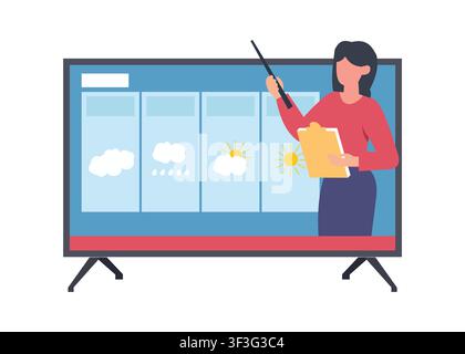 Vector illustration of a weather presenter delivering a television forecast with weather icons, ideal for meteorology, climate, broadcasting, and news Stock Vector