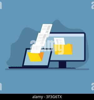 Vector illustration of file synchronization between laptop and desktop computers, featuring digital documents and folders for cloud storage, backup, a Stock Vector