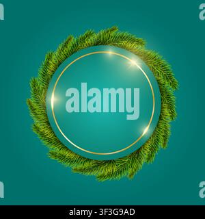 New Year tourquoise greeting card concept with Christmas pine tree branches. Christmas and Chinese New Year decor. New year card or sale concept. Vect Stock Vector