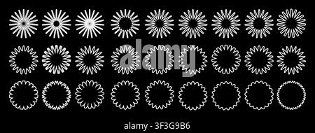 Set of white stars icons. Star shapes collection. Minimalist simple stars pack. Christmas star objects isolated on black background. Vector illustrati Stock Vector