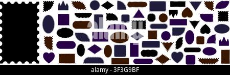 Pack of scalloped postage frames isolated. Outline border template. Simple minimalist label text box. Blank scallop edge stamp mockup. Vector png Stock Vector