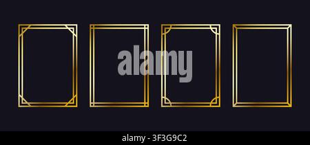 Thin Art deco style golden frame set. Gold metallic rectangle border collection. Shining rectangular A4 frame bundle. Vector luxury glowing shiny boarder element pack for photo, cadre, poster, card Stock Vector