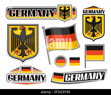 Vector set for Germany, collection of cut out illustrations decorative german one-headed black eagle on gold background and german flags with flagpole Stock Vector