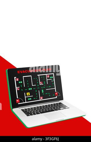 Emergency 911 evacuation plan displayed on a laptop showing a detailed map for safe exits in a building Stock Photo