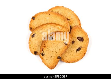 Sweet crackers with raisins on a white background. A bunch of crackers close-up. Stock Photo