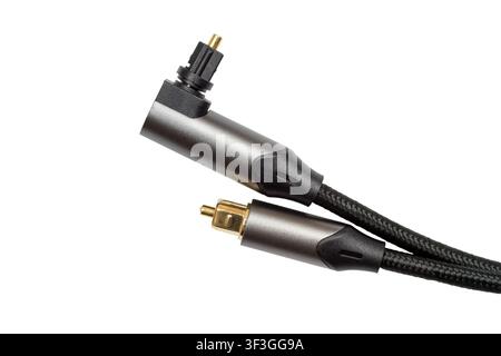 Close-up of modern optical cable connectors. Metal connectors on a white background. Stock Photo
