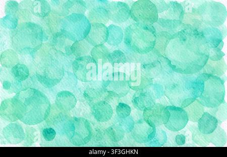 Watercolor background with mint green round stains. Light, airy pattern resembling bubbles, created by hand. Different shades of blue, turquoise, mint Stock Photo