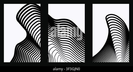 Abstract Topographic Wave Line Art Minimalist Modern Wall Poster Triptych Set Stock Vector