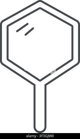 Minimal gray hand mirror featuring a hexagonal reflective frame two shine marks and a long rounded handle Stock Vector